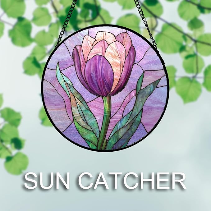 DASTOLL Stained Glass Window Hanging Purple Tulips Flower 6.3" - Suncatcher Door Garden Sun Catcher Home Decor Birthday Mother's Day for Mom Men Woman Parents Her Nana Friend