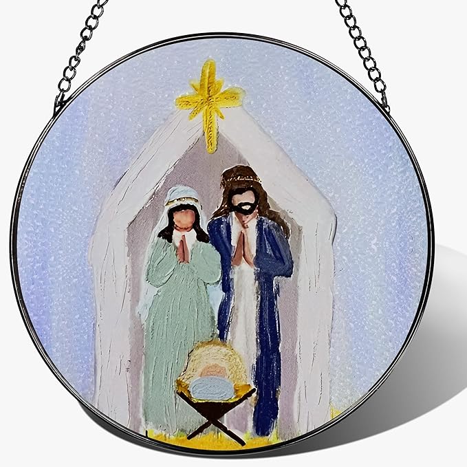 8 Inches Stained Glass Window Hanging, Nativity Scene Ornament, Jesus Birth Christmas Ornament, Holy Family Decor, Christian Holiday Decor, Christian Gift, Religious Gift, Gifts for Christmas