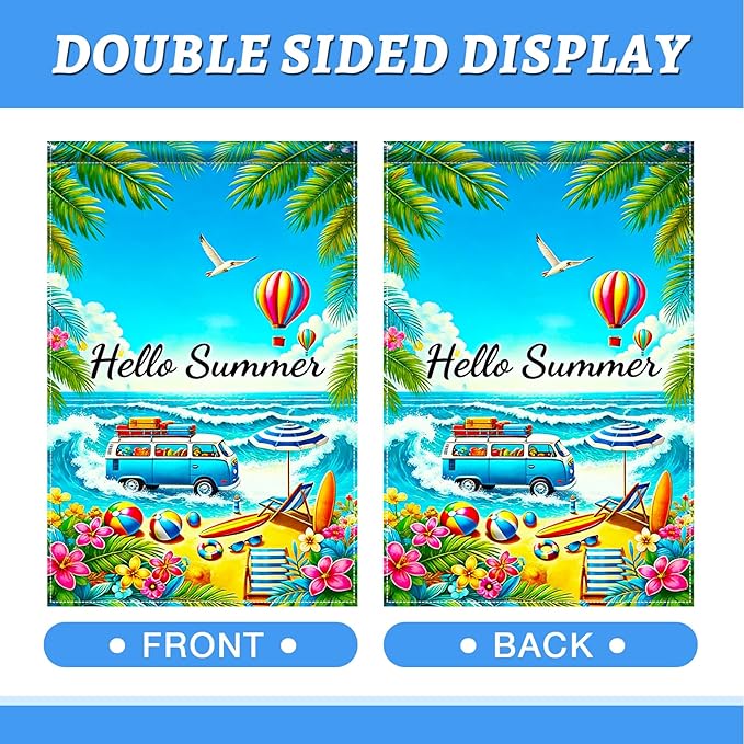 BlissYard Hello Summer Beach Garden Flag 12x18 Double Sided Vertical Outdoor Decor Van Surf Ocean Tropical Yard Garden Lawn Banner Coastal Seasonal Display