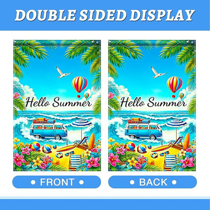 BlissYard Hello Summer Beach Garden Flag 12x18 Double Sided Vertical Outdoor Decor Van Surf Ocean Tropical Yard Garden Lawn Banner Coastal Seasonal Display