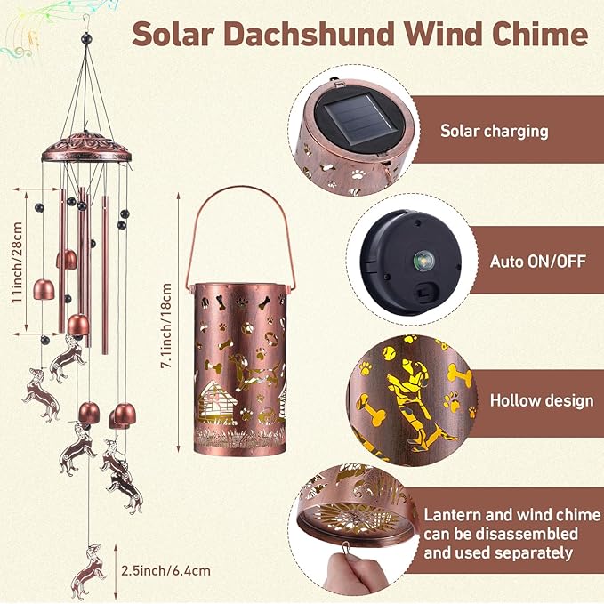Retisee Dachshund Dog Design Solar Wind Chimes Outdoor Metal Dachshund Gifts Solar Light Windchimes Outside Indoors Christmas Decoration Birthday Gift for Home Lawn Porch Patio Garden Yard