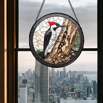 Stained Glass Window Hanging - Woodpecker Bug Catching Suncatcher for Doors Garden Sun Catchers Decor Christmas Mother's Day Birthday Gifts for Bird Lover Women Men Mom Nana Friend 11.8 in