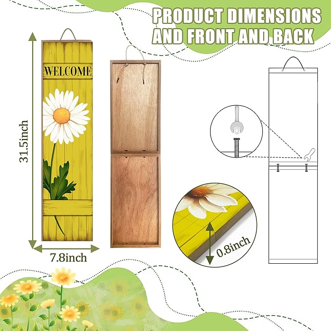 Spring Daisy Welcome Wooden Sign, Summer Rustic Daisy Porch Sign for Front Door Decorations, Front Porch Decor Home Hanging Signs Wall Sign 31.5"H