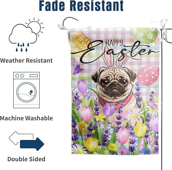 Happy Easter Dog Garden Flag Pug Spring Flags Buffalo Plaid Bunny Eggs Yard Flag for Outside 12x18 Double Sided Small Decorative Floral Outdoor Flag