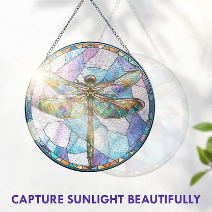 FLAGWIX Dragonfly Gifts for Women Men - Stained Glass Window Hanging 8 in - Dragonfly Garden Decor for Yard Decorations Outdoor, Dragon Fly Sun Catchers Indoor Window for Home Garden Decor