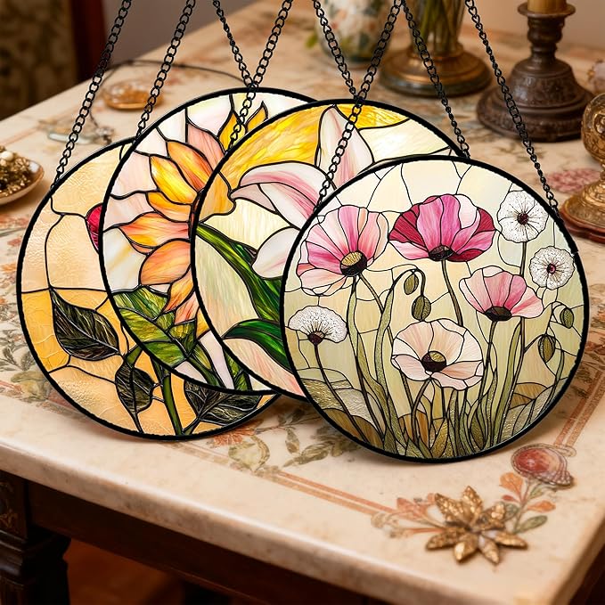 Stained Glass Window Hanging 4 Pcs Set Lily Rose Sunflower Poppy 6.3" - Flower Suncatcher Door Garden Sun Catcher Decor Birthday Mother's Day for Wife Woman Nana Girl