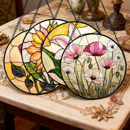 Stained Glass Window Hanging 4 Pcs Set Lily Rose Sunflower Poppy 9.8" - Flower Suncatcher Door Garden Sun Catcher Decor Birthday Mother's Day for Wife Woman Nana Girl