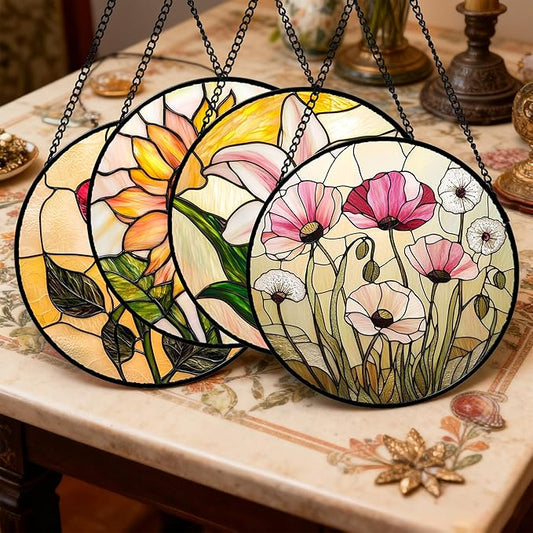 Stained Glass Window Hanging 4 Pcs Set Lily Rose Sunflower Poppy Large 11.8" - Flower Suncatcher Door Garden Sun Catcher Decor Birthday Mother's Day for Wife Woman Nana Girl