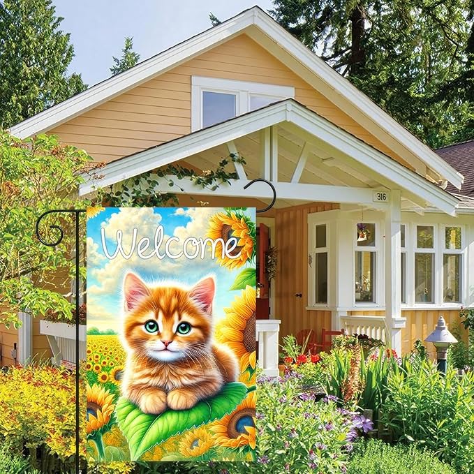 BlissYard Spring Welcome Garden Flag 12x18 Inches Double Sided Cute Cat Yard Flags Sunflower Summer Seasonal Flower for Outside Decor Home Farmhouse Holiday Decorations