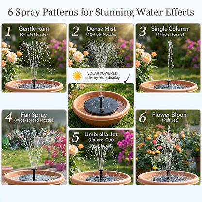 Solar Bird Bath Fountain Pump, Solar-Powered Bird Fountains, 2.5w Solar Fountain Pump with 6 Nozzles for Pond, Pool, Garden, Fish Tank (16 cm with Light)
