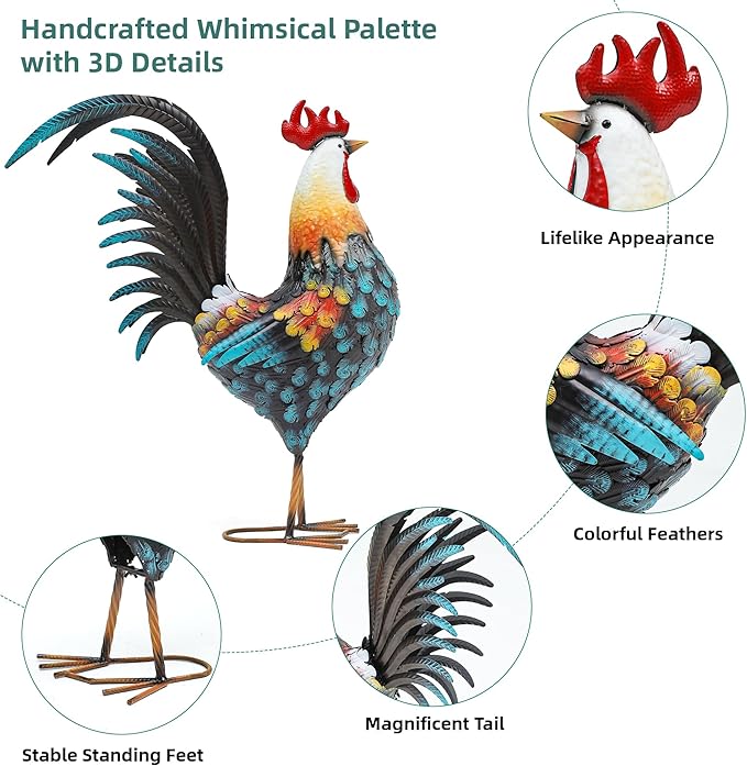32" Large Metal Rooster Yard Decor, Outdoor Garden Statues, Metal Chicken Sculpture for Backyard Patio Kitchen Living Room Decor