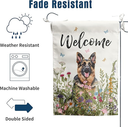 Spring Summer Garden Flag Floral German Shepherd Yard Flag Flower Dog Garden Flags for Outside Small Outdoor Welcome Flags 12x18 Double Sided