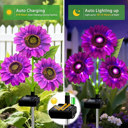 Solar Garden Lights Outdoor, 3 Pack Sunflower Lights with 9 Large Purple Sunflower, Waterproof Garden Decor, Birthday Gifts for Mom Grandma, Decorative Solar Flowers for Pathway Patio Yard Decoration