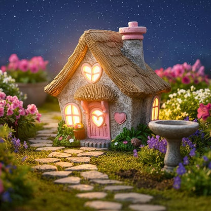 PRETMANNS Fairy House for Outside with Solar Powered LED Lights for Garden - Fairy Garden Houses for Outdoor - Miniature Accessories for Cottage Decor for Village - 7.56” High, Pink
