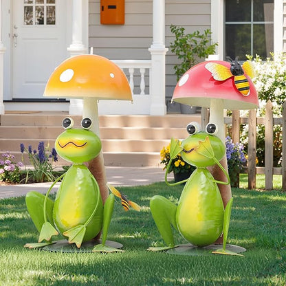 15.3" Large Frog Decor Set of 2, Handcrafted 3D Lifelike Metal Frog with Mushroom Sculpture, Outdoor Yard Art for Garden, Lawn & Home, Ideal Gift for Mom, Women on Mother’s Day & Housewarming