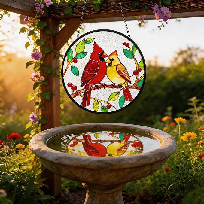LITIVY Stained Glass Window Hanging – Cardinal Birds on A Branch Suncatcher – Mother’s Day Memorial Gift, 8 Inch Rainbow Maker & Sun Catcher Decor for Windows, Whimsical Gifts for Women