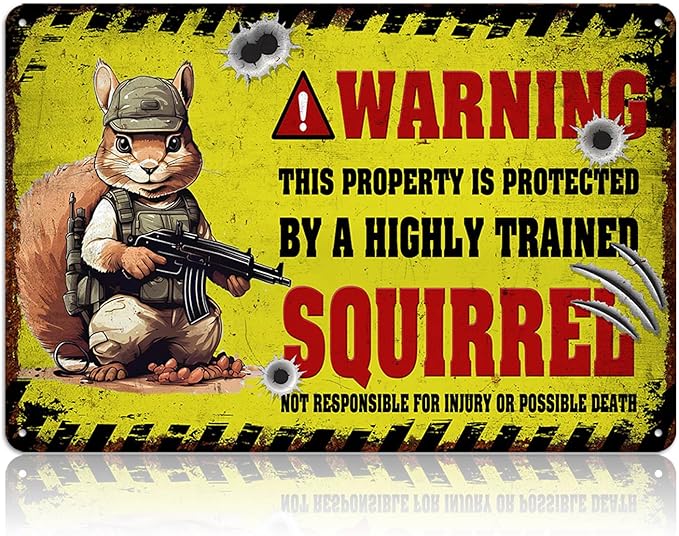 Funny Squirrel Metal Tin Sign for Wall Decor - Vintage Warning Property Is Protected Signs Squirrel Art Outdoor Decoration 8x12 Inch