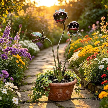 Whimsical Metal Carnivorous Plant Garden Stake, Whimsical Garden Decor, Three Dramatic Open-Mouth Blooms, Yard Art for Flower Beds, Patios & Planters, Unique Quirky