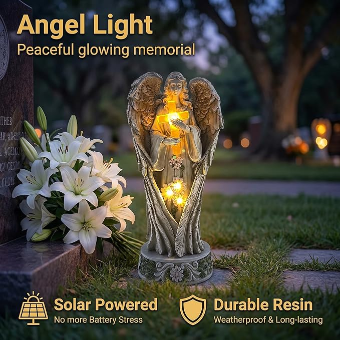 COWOS Angel Statue for Garden, Solar Angel Statue for Cemetery Decorations, Praying Angel Cross Memorial Statue, Memorial Garden Figurine Gift