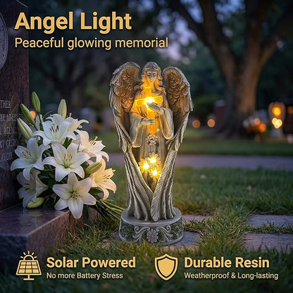 COWOS Angel Statue for Garden, Solar Angel Statue for Cemetery Decorations, Praying Angel Cross Memorial Statue, Memorial Garden Figurine Gift