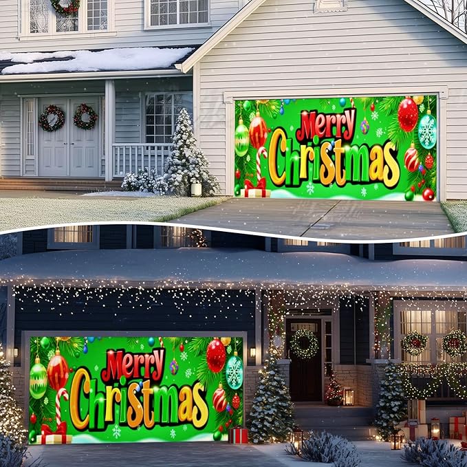 IVN Christmas Garage Door Cover Decoration 13x6ft Bright Green Background Candy Canes Colorful Letters Merry Christmas Winter Garage Door Banner Home Door Front Yard Decor for Xmas Eve Holiday Outdoor