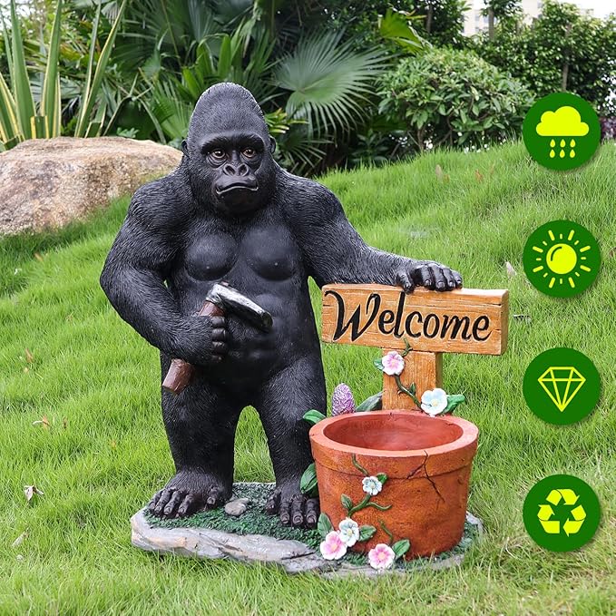 Gorilla Resin Garden Statue Planter, Waterproof Outdoor Yard Lawn Decor Flower Pot, Front Porch Ornament Housewarming Gift(Standing Gorilla)