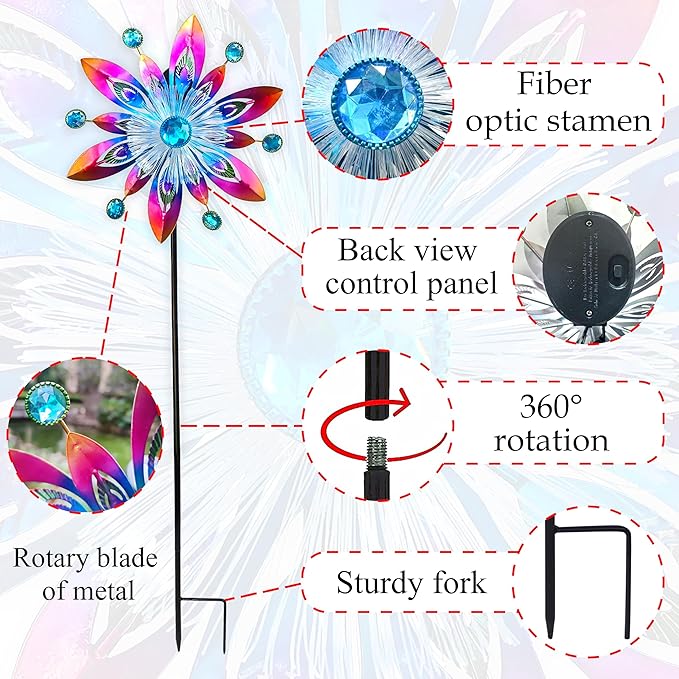 COOZZYHOR Soalr Wind Spinners Garden Stake,42 Inch Metal Peacock Feather Fiber Optic Windmills,Wind Sculpture Decor for Lawn, Patio&Yard Outdoor Decorations