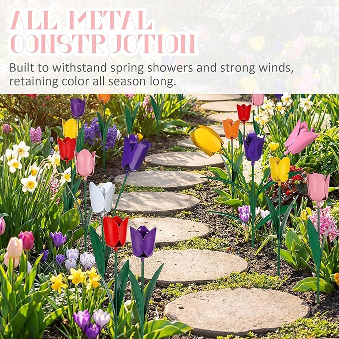 Yookeer Set of 6 Spring Metal Tulips Yard Signs with Stakes Metal Waterproof Spring Decor Garden Stakes for Garden Outdoor Lawn Yard Party Decoration