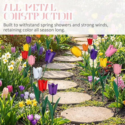 Yookeer Set of 6 Spring Metal Tulips Yard Signs with Stakes Metal Waterproof Spring Decor Garden Stakes for Garden Outdoor Lawn Yard Party Decoration