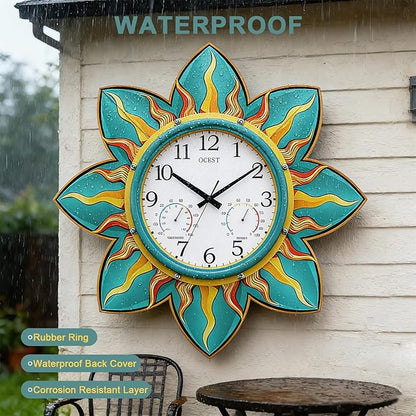 OCEST 24 Inch Outdoor Clock, Waterproof with Thermometer and Hygrometer Combo, Silent No-Ticking Outdoor Wall Clocks, Quartz Clock for Patio Garden Flame Petal