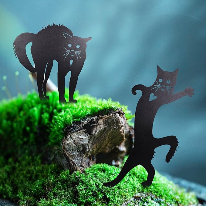 2 PCS Cat Silhouette Yard Art Garden Decorative Stake Hollow Out Animals Silhouette Statue Decor, Black Cat Statue Sets for Pathway, Floor, Garden, Lawn, Outdoor Decoration