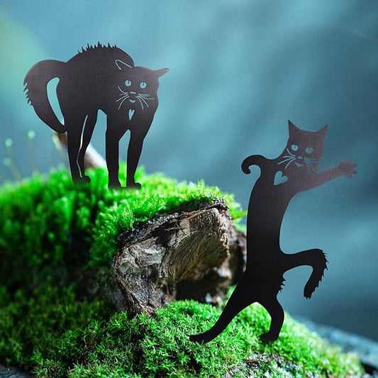 2 PCS Cat Silhouette Yard Art Garden Decorative Stake Hollow Out Animals Silhouette Statue Decor, Black Cat Statue Sets for Pathway, Floor, Garden, Lawn, Outdoor Decoration