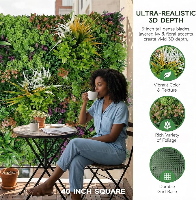 1PC 40"x 40" Artificial Grass for Wall, 3D Faux Boxwood Hedge Panels Green Wall Decor, Greenery Grass Wall Backdrop Panels for Indoor Outdoor Garden Backyard Ivy Privacy Fence Covering