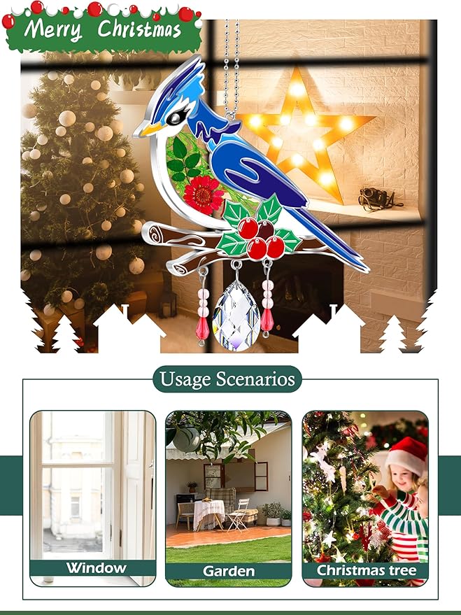 KY&BOSAM Blue Bird Crystal Suncatcher for Windows 8" Hanging Ornaments Stained Glass Wind Chimes with Metal Charms, Colorful Rainbow Prisms Garden Decor for Mom/Grandma, Christmas Wedding Gifts