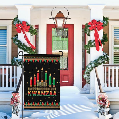 Kwanzaa Garden Flag Double Sided Polyester Yard Banner with Kinara and Red Black Green Candles Holiday Outdoor Flags for African American Heritage Celebration Décor 12x18 Inch