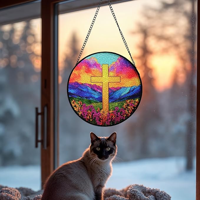 7.88'' Glass Window Hanging, Colorful Cross Sun Catchers Glass Panel for Window, Christian Evening Glow Suncatcher Decor with Hook Chain for Mother's Day Birthday for Women, Men, Wife, Aunt, and Mom