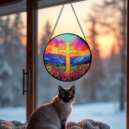 7.88'' Glass Window Hanging, Colorful Cross Sun Catchers Glass Panel for Window, Christian Evening Glow Suncatcher Decor with Hook Chain for Mother's Day Birthday for Women, Men, Wife, Aunt, and Mom