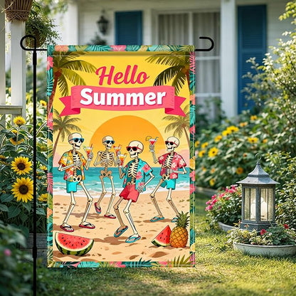 BlissYard Hello Summer Skeleton Garden Flag 12x18 Double Sided Vertical Outdoor Decor Tropical Beach Skull Banner Colorful Vacation Yard Garden Lawn Welcome Display