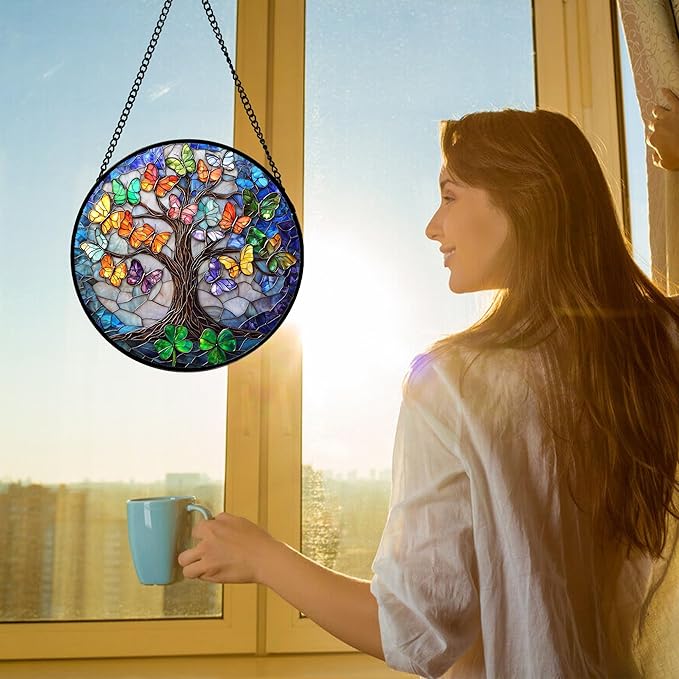 DASTOLL Stained Glass Window Hanging, Butterfly Tree Clover Sun Catchers Glass Panel Blue Suncatcher Decor for Birthday for Women, Men, Wife, Aunt, and Mom 9.8 in