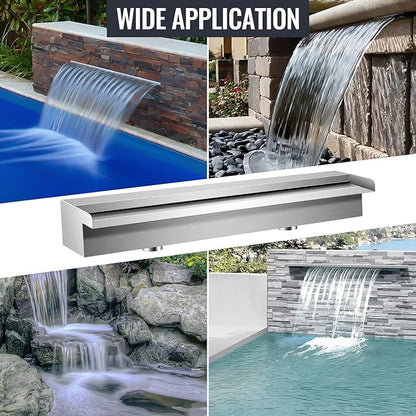 Pool Waterfall Fountains, Stainless Steel Rectangular Pool Waterfall Spillway with Pipe Connector for Indoor/Outdoor Decorative (23.6 Inch)