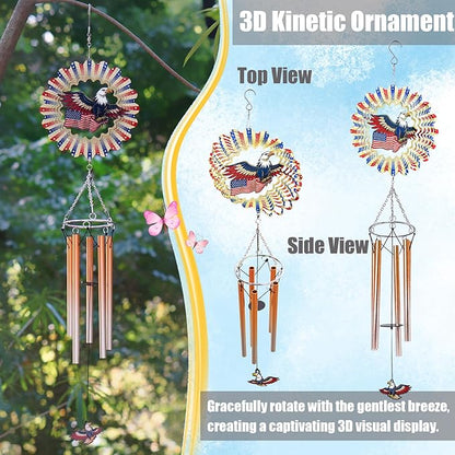 Wind Chimes with American Flag Eagle 3D Display Wind Spinner for Outside Garden Patio Yard Decor, Metal Windchimes Outdoor Hanging Decoration for Memorial Day Independence Day Patriotic