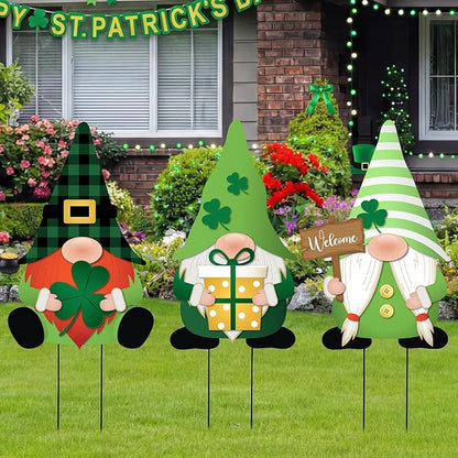 LEIFIDE 3 Pcs St. Patrick's Day Garden Decor for Outside, Metal Green Gnome Stakes, Saint Patricks Day Decorative Welcome Signs Stakes with Shamrocks for Outside Outdoor Irish Yard Lawn Backyard Porch