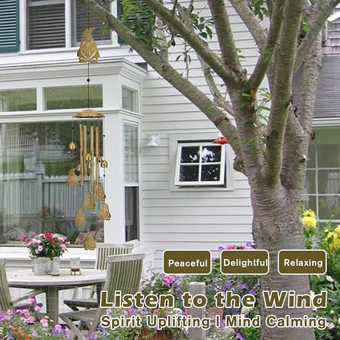 Wind Chimes for Outside Deep Tone - Cute Gnome Memorial Wind Chime Outdoors, Aluminum Tube Windchime with S Hook, Sympathy Wind Spinner Tree Ornaments, Patio Garden Decor, Housewarming Gifts