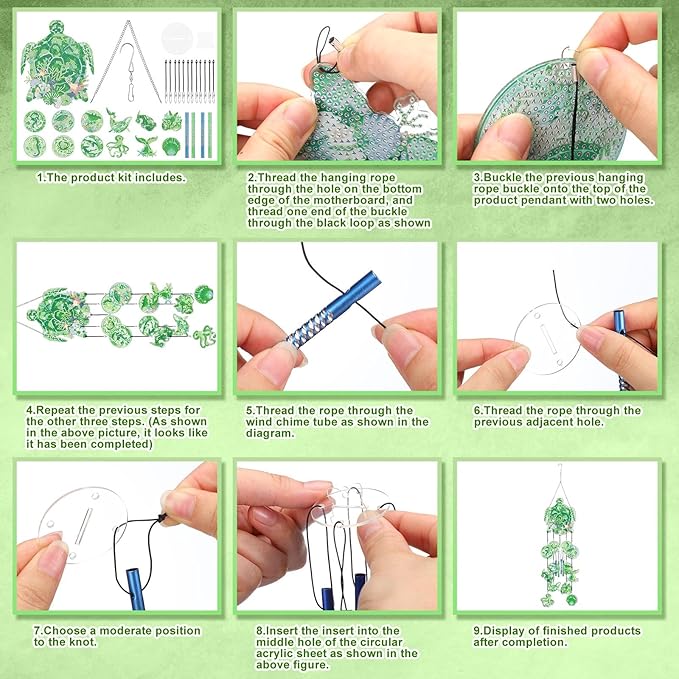 GlikCeil Beach Wind Chimes Diamond Art Wind Chimes Suncatchers Beach Diamond Art Kits with Crystal Pendant Hanging Ornament for Home Garden Patio Backyard Decor (Green)