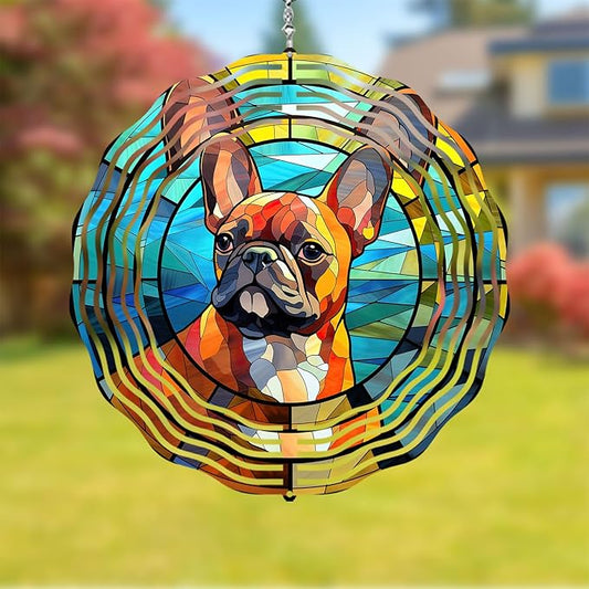 French Bulldog Wind Spinner Pet Dog Memorial Gifts, Vibrant 3D Kinetic Metal Hanging Outdoor Garden Decor, Frenchie Gifts for Dog Lovers, 8" Wind Sculptures for Patio, Porch, Yard Art (Frenchie 5)