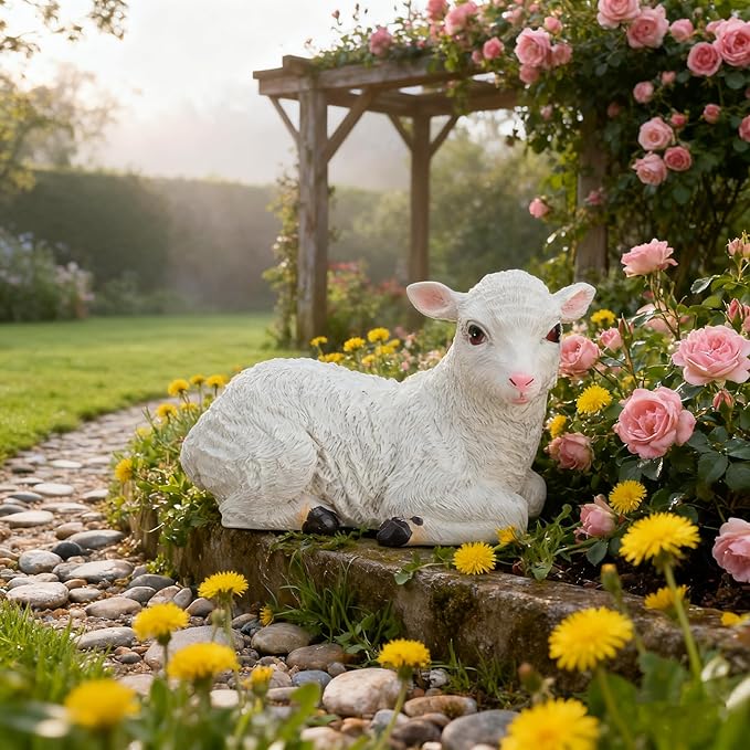 Jerliflyer Lamb Garden Statue,Sheep Hand Made Lifelike Garden Sculpture for Indoor Outdoor Decoration (Medium Lying Position)