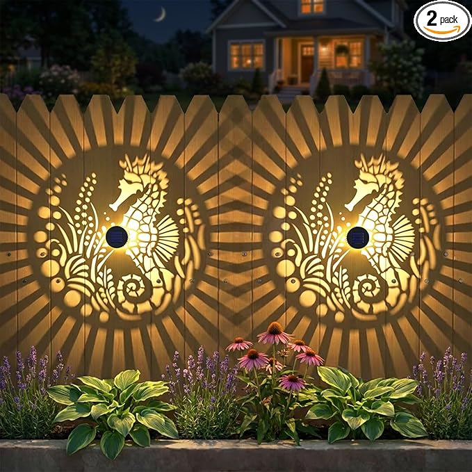 2 Pack Solar Fence Lights Outdoor Wall Lights Metal Solar Powered Deck Step Stair Lights Seahorse Theme Waterproof Fence Solar Light for Garden Post Patio Yard Decor, Gardening Gifts for Women Mom