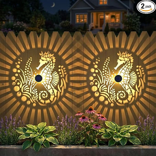 2 Pack Solar Fence Lights Outdoor Wall Lights Metal Solar Powered Deck Step Stair Lights Seahorse Theme Waterproof Fence Solar Light for Garden Post Patio Yard Decor, Gardening Gifts for Women Mom
