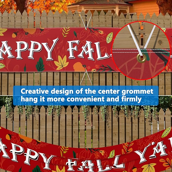Probsin Happy Fall Banner 120"x 20" Decorations Outdoor Thanksgiving Decor Autumn Party Supplies Maple Leaves Happy Fall Y'all Holiday Harvest Welcome Hanging Backdrop for Garden Fence Yard Lawn Porch