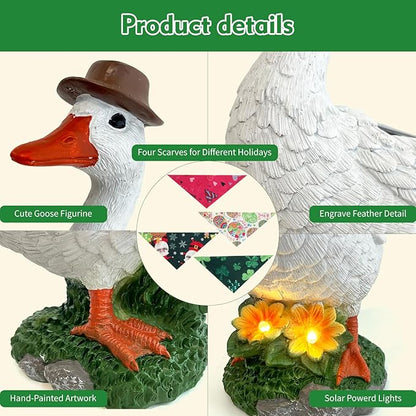 HONGLAND Solar Porch Goose Garden Statue with Glowing Flower, 10" Solar Duck Decorative Figurine for Outdoor Lawn Patio Yard Backyard Porch Ornaments - Unique Gift for Women